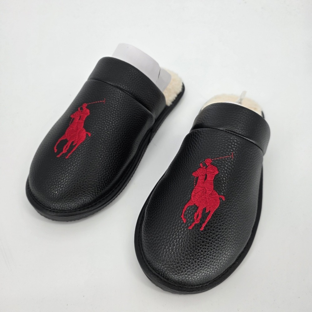 POLO RALPH LAUREN Slippers MENS 9 LEATHER SLIP ON Pony Red LOGO BLACK Sherpa New